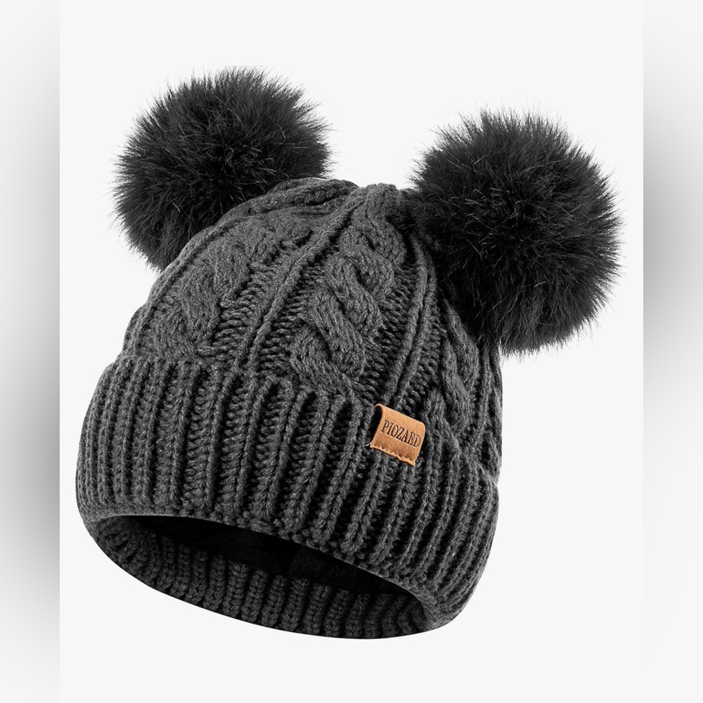 Piozaed Dark Grey Soft Knit Beanie with Faux Fur Pom